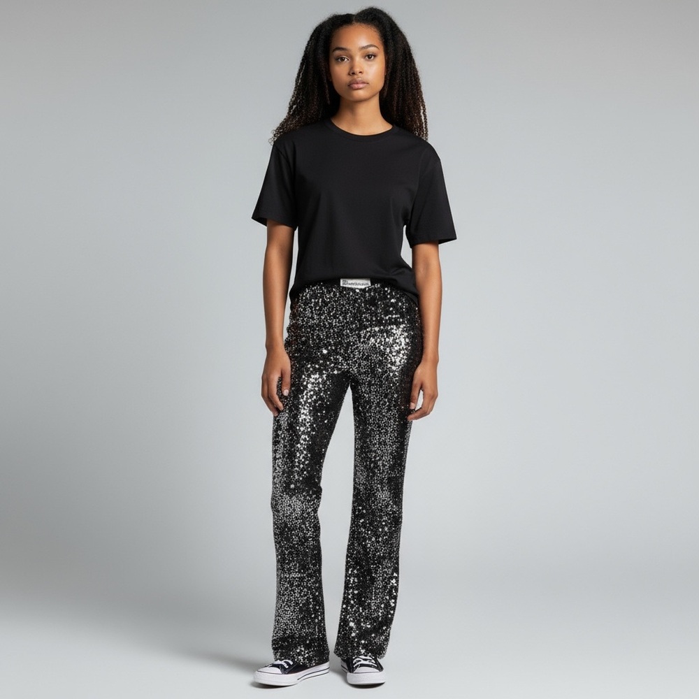 Black Silver Sequin Pull On Flare Leg Pants Size M 8-10 New with tags Holiday